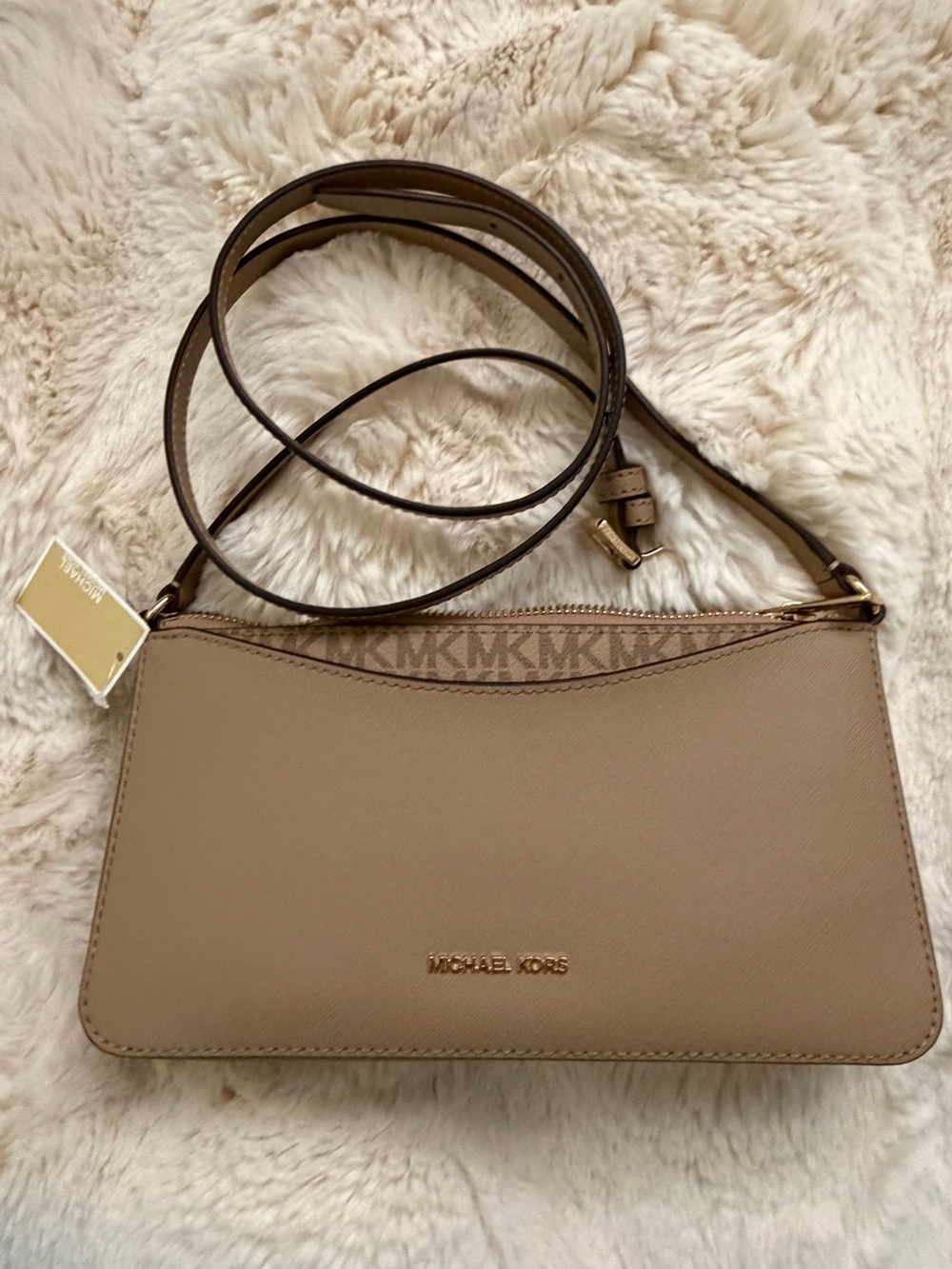 Michael Kors Taupe Saffiano Leather Shoulder Bag with Gold Hardware - Picture 5 of 11